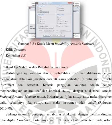 Gambar 3.8 : Kotak Menu Reliability Analisis Statistics 