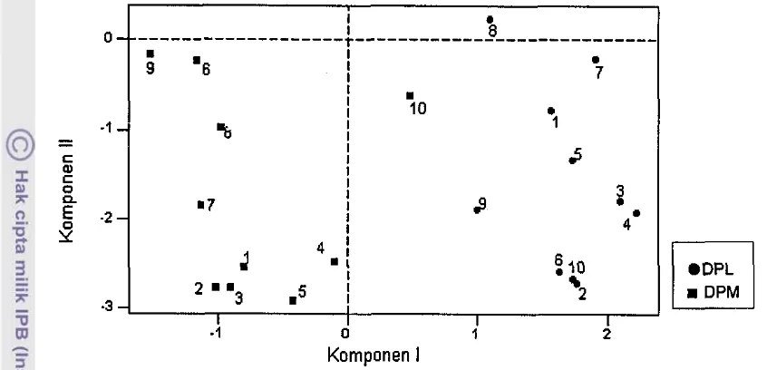 Gambar 6. Diagram pencar dua dimensi populasi kelapa DPL dan DPM. 