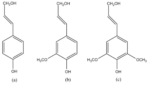 Gambar 4. Unit-unit Penyusun Lignin  (a) p-koumaril alkohol, (b) koniferil alkohol (Guaiasil), (c) sinapil alkohol (Siringil) 