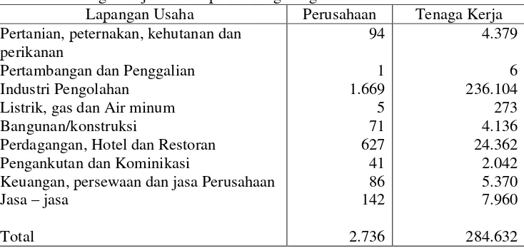 Tabel 6.  Jumlah Perusahaan berdasarkan Lapangan Usaha dan Penggunaan Tenaga Kerja di Kabupaten Tangerang Tahun 2003  