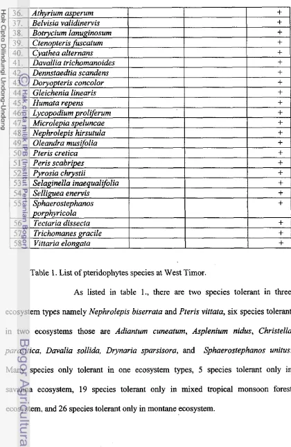 Table 1. List of pteridophytes species at West Timor. 
