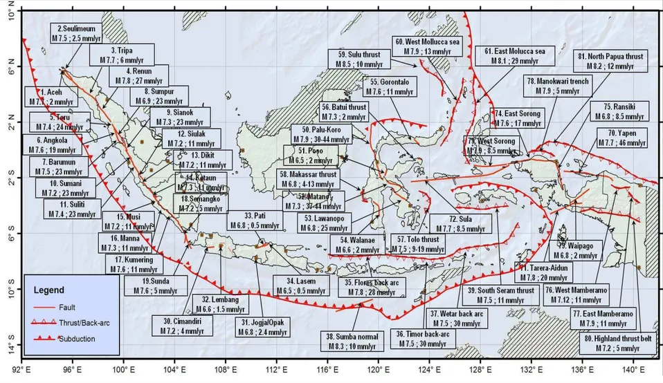 Gambar 4.  Peta sumber gempabumi patahan (fault) (Tim Revisi Peta Gempabumi Indonesia, 2010)