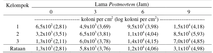 Tabel 6.  Rataan Jumlah Populasi Koliform dari Permukaan Karkas Ayam     Broiler 