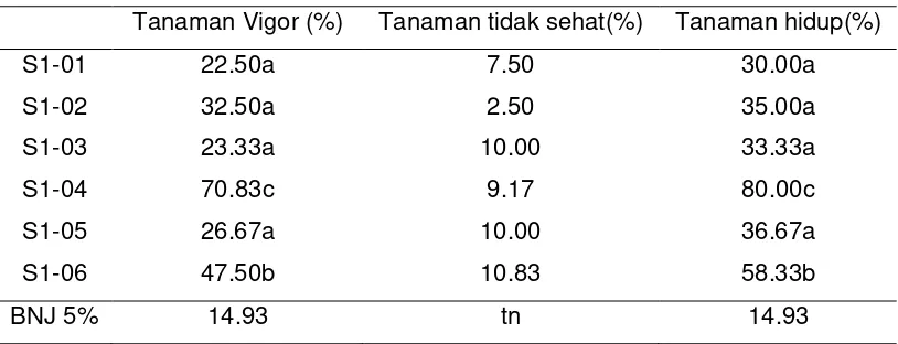Tabel 3.  Persentase tanaman hidup (%) dan tidak sehat (%)generasi selfing-1 varietas NK-33