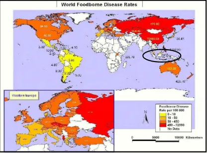 Gambar 2 . Peta angka insiden kasus penyakit akibat pangan (foodborne disease) di dunia 