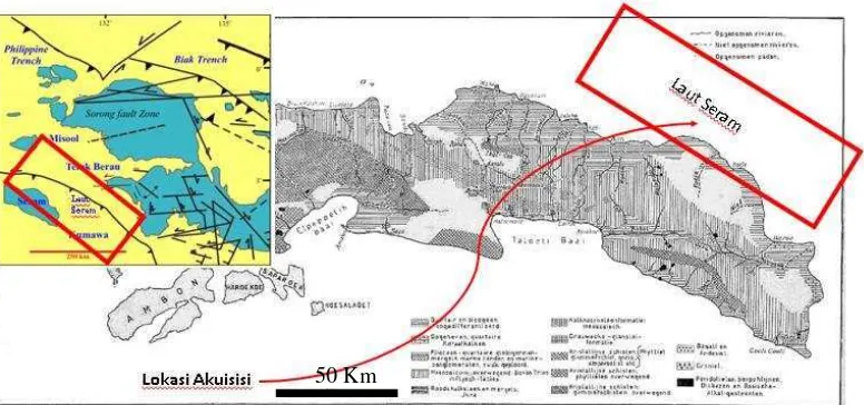 Gambar 1. Peta Geologi dan Lokasi Akuisisi Laut Seram (Teas, dkk, 2013). 