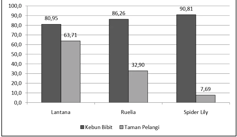 Gambar 18. Histogram Kadar Air Daun Beberapa Spesies Tanaman Lanskap  Jenis Penutup Tanah di Kebun Bibit Wonorejo dan Taman Pelangi Surabaya 