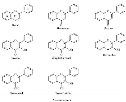 Gambar 4. Struktur kimia golongan flavonoids (Sumber: Grotewold, 2006). 