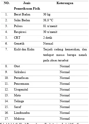 Tabel 3.1.1.C. Hasil Pemeriksaan Fisik Anjing Lokal Mix German 