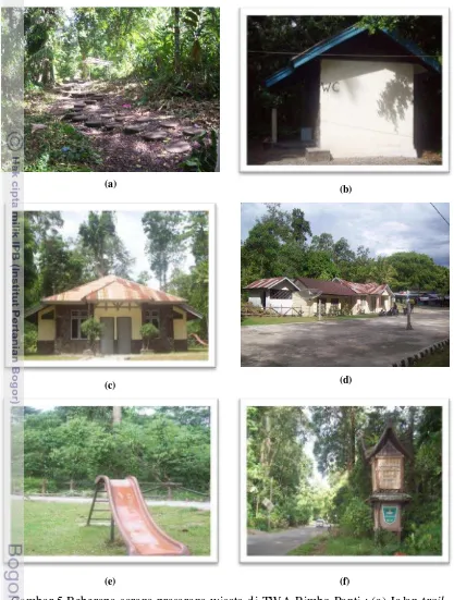 Gambar 5 Beberapa sarana prasarana wisata di TWA Rimbo Panti : (a) Jalan trail 