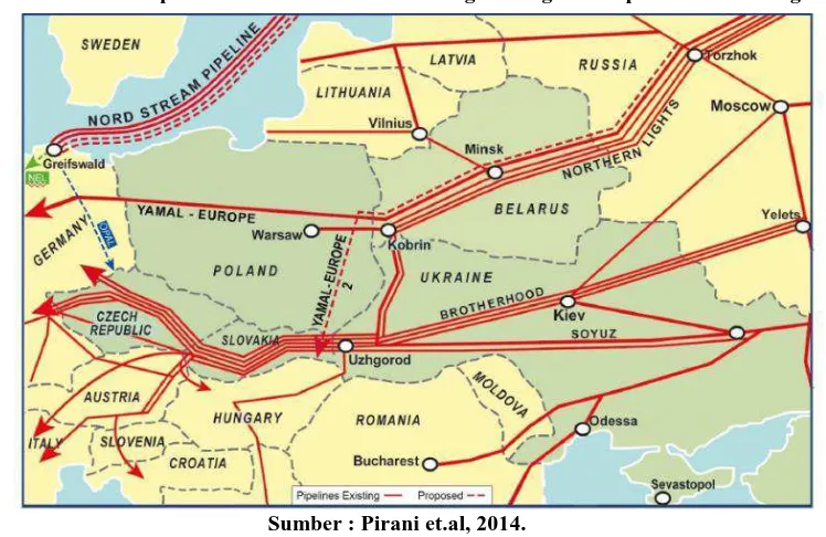 Gambar 2.3. Peta Pipa Gas Rusia ke Ukraina dan negara–negara Eropa serta Asia Tengah