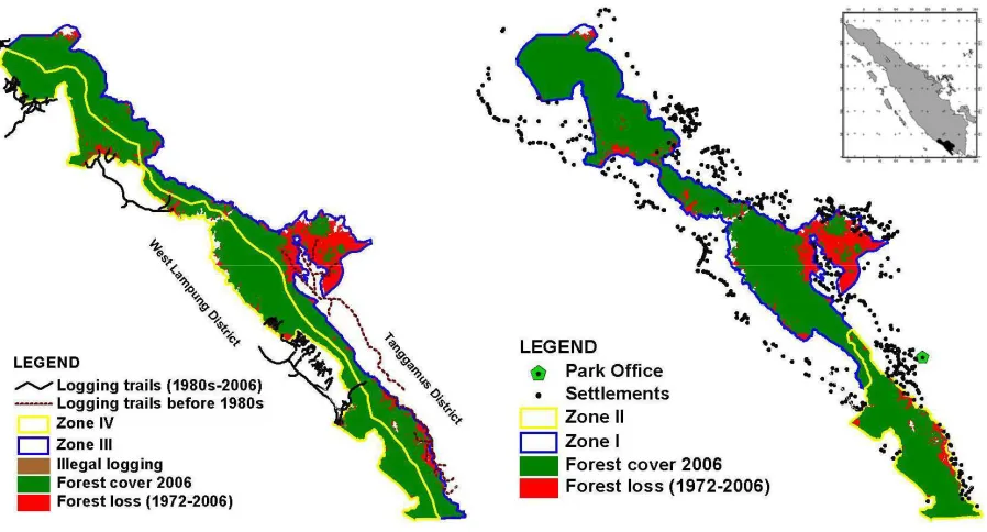 Fig. 1-The cumulative forest loss in Bukit Barisan Selatan National Park is in red. The boundaries of BBSNP’s zones are in yellow and blue