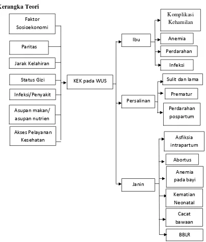 Gambar 1. Kerangka teori hubungan asupan makan dengan kejadian kurang energikronis (KEK) pada wanita usia subur (WUS) (Muliawati, 2012; Pratiwi, 2011;Sekartika, 2013)