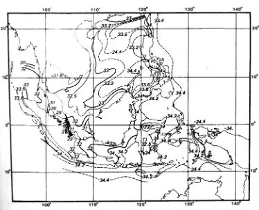 Gambar 4.  Sebaran Salinitas rata-rata (‰) pada bulan Agustus                     (Wyrtki, 1961) 