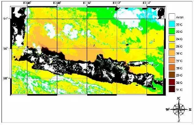 Gambar 10a.  Sebaran Suhu Permukaan Laut Citra Satelit NOOA16-AVHRR                        Tanggal 10 Juli 2001 