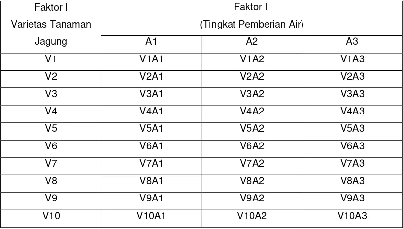 Tabel 3. Perlakuan Kombinasi antara varietas tanaman jagung (V) dan tingkat pemberian air (A) 
