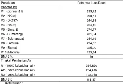 Tabel 9. Rata-rata Luas Daun (cm2) terhadap Perlakuan Tingkat Pemberian Air dan Varietas pada Umur 63 Hst 