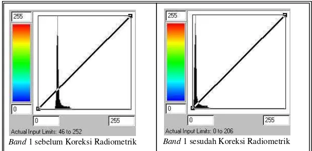 Gambar 6. Perbandingan Histogram Band 1 Sebelum dan Sesudah Koreksi  Radiometrik 