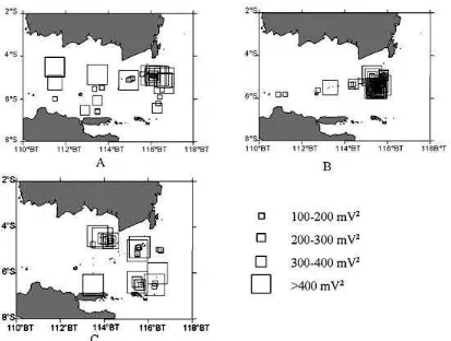 Figure 12. Geographical distributions and its estimate density of fish schools (mVand C: February 1994)