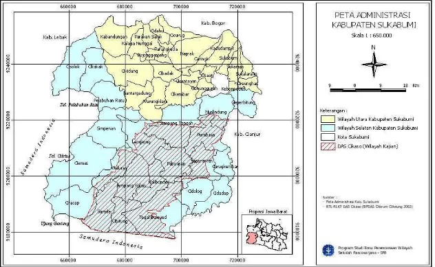 Gambar 5  Wilayah kajian (DAS Cikaso) yang terletak di wilayah administrasi Kabupaten Sukabumi.