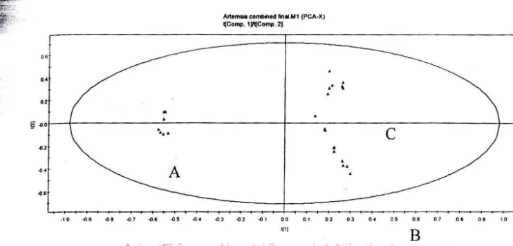 Figure. 6. Score plot of the Artemisia samples showing the clear differentiation in PC 1 between the A