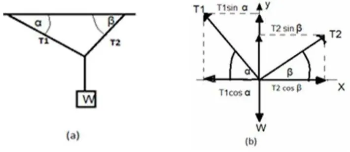 Gambar 2.2. (a) Sebuah Benda Digunakan pada Ujung Tali (b)Analisis Tegangan Sebuah Benda yang Digantungkan pada Ujung Tali.