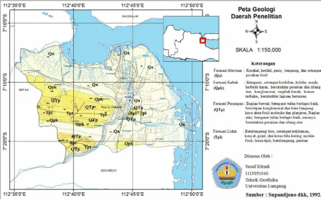 Gambar 2. Peta Geologi Surabaya berdasarkan Peta Geologi Lembar Surabaya dan Sapulu (Supandjono dkk, 1992).