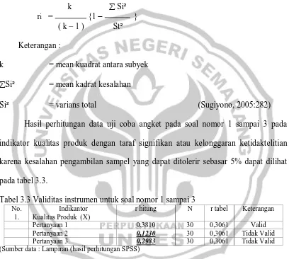 Tabel 3.3 Validitas instrumen untuk soal nomor 1 sampai 3 No. Indikantor r hitung N 