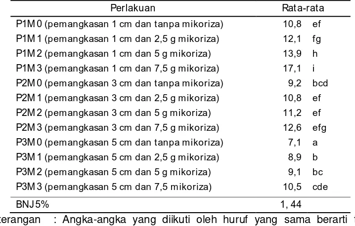 Tabel 4. Interaksi Antara Pemangkasan dan Dosis Mikoriza Terhadap Jumlah Tanaman Per Rumpun 4 MSP (Minggu Setelah Pemangkasan) 