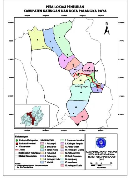 Gambar 6   Peta lokasi penelitian Kabupaten Katingan dan Kota Palangka Raya. 