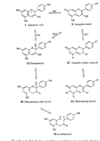 Gambar 6. Perubahan struktur molekul pelargonidin (Eskin, 1979) 