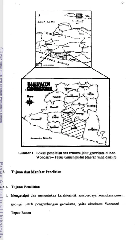 Gambar 1. Lokasi penelitian dan rencana jalur geowisata di Kec. - 