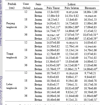 Tabel  14   Rataan ukuran tengkorak domba Donggala jantan dan betina       pada  berbagai tingkat umur di lokasi penelitian  