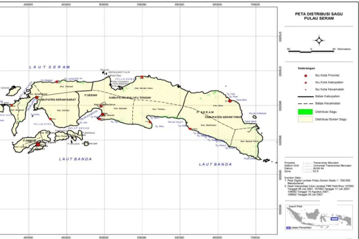 Gambar 9.  Peta distribusi spasial tumbuhan sagu di P. Seram, Maluku 