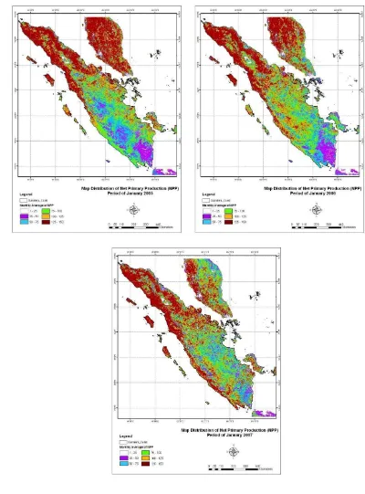 Figure 4.9a Maps of comparison monthly average NPP distribution in Sumatra during normal and 