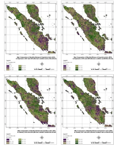 Figure 4.10 Maps of comparison monthly average EVI distribution in Sumatra during normal and abnormal climate event  