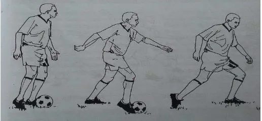 Gambar 3. Menggiring bola dengan kaki bagian dalam ( Sucipto dkk, 2000: 29) 