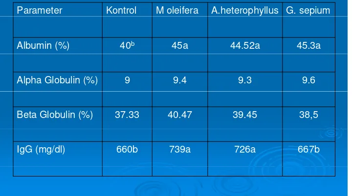 Tabel Gambaran konsentrasi albumin, globulin dan IgG (sebelum perlakuan)Tabel Gambaran konsentrasi albumin, globulin dan IgG (sebelum perlakuan)gggg(())