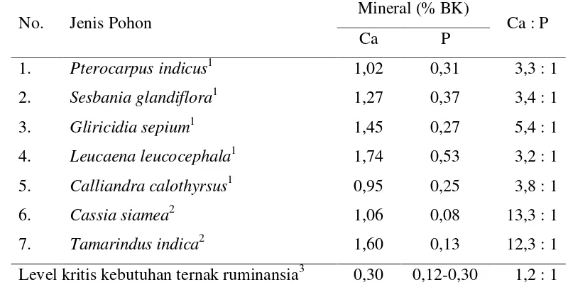 Tabel 2 Konsentrasi mineral Ca dan P beberapa daun legume pohon