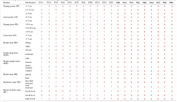 Tabel Lampiran 2. Data biner karakter morfologi manggis Wanayasa 