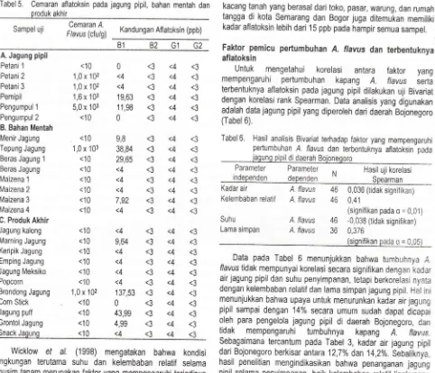 Tabel 5, Cemaran aflatoksin pada jagung pipil, bahan mentah dan