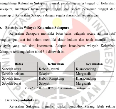 Tabel 3.1 Batas Wilayah Kelurahan Sukapura 