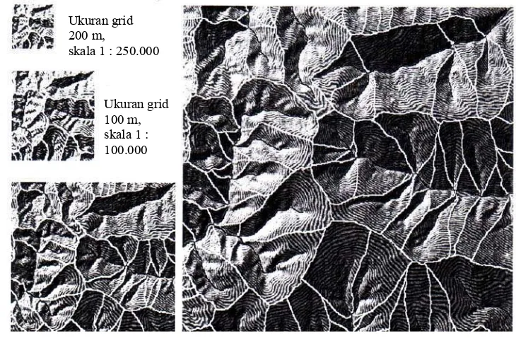 Gambar 14. Ilustrasi Batas sub-DAS pada Berbagai Grid dan Skala (Rieger, 1992) 