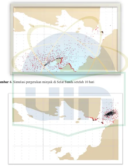 Gambar 6. Simulasi pergerakan minyak di Selat Sunda setelah 10 hari 