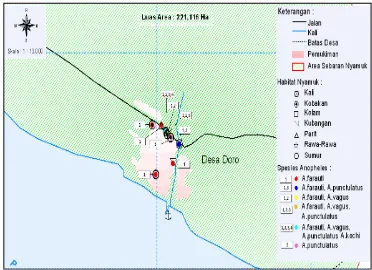 Tabel 2 Jenis habitat perkembangbiakan larva Anopheles spp., jarak dengan rumah terdekat, pemanfaatan lahan dan ketinggian lokasi di Desa Doro pada bulan April 2009