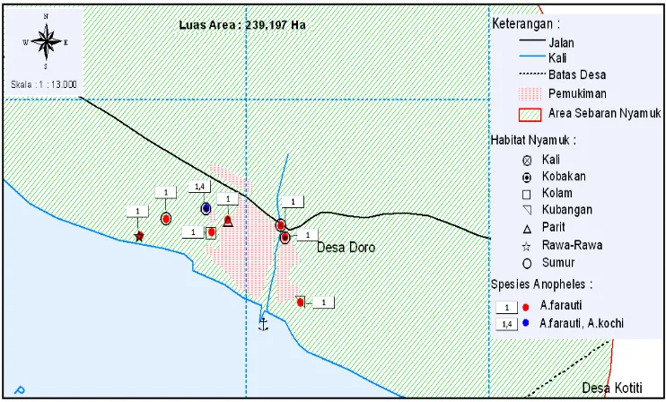 Tabel 5 Jenis habitat perkembangbiakan larva Anopheles spp., jarak dengan rumah terdekat, pemanfaatan lahan dan ketinggian lokasi di Desa Doro pada bulan Juli 2009  