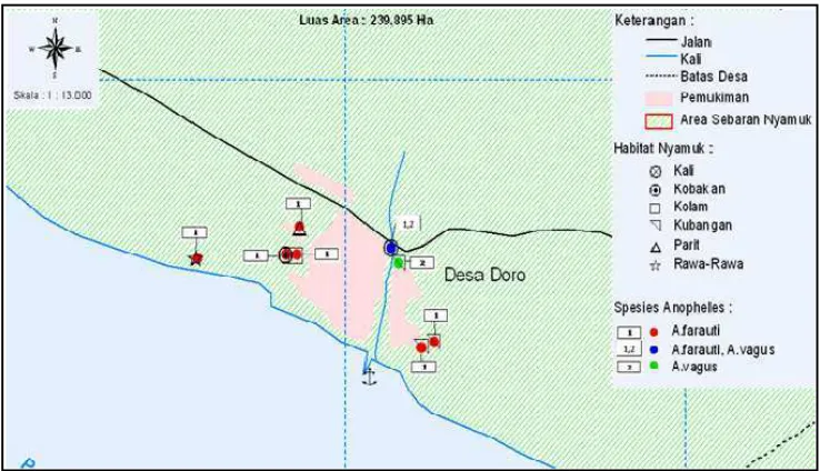 Tabel 6 Jenis habitat perkembangbiakan larva Anopheles spp., jarak dengan rumah terdekat, pemanfaatan lahan dan ketinggian lokasi di Desa Doro pada bulan Agustus 2009   