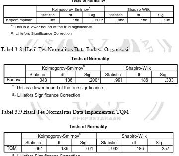 Tabel 3.8  Hasil Tes Normalitas Data Budaya Organisasi 