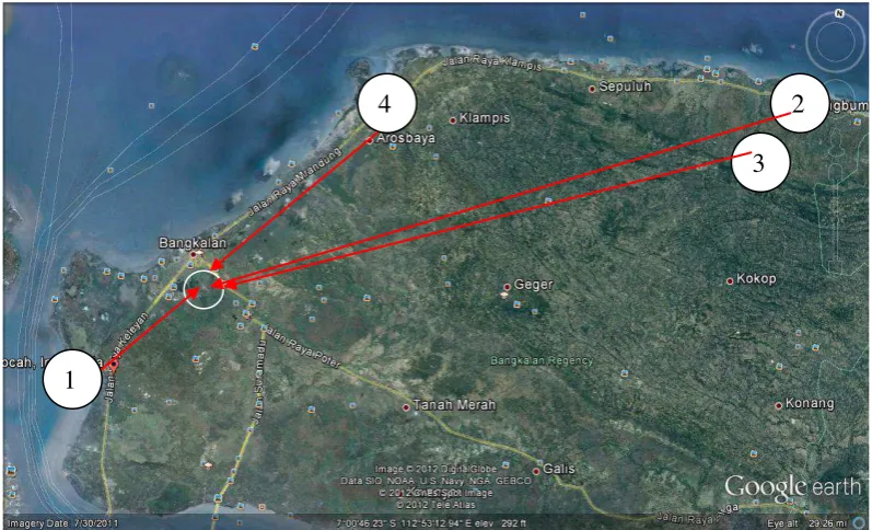 Gambar 3.1.  Letak Pengrajin Batik Bangkalan Terhadap Site (Sumber : Google eart, 2013) 