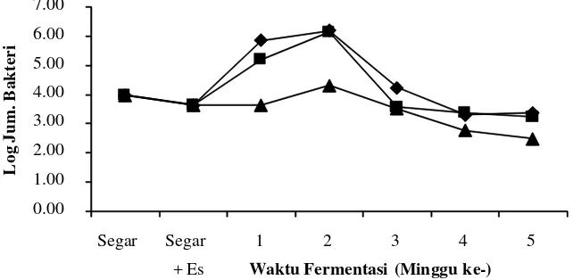 Gambar 7. Log jumlah bakteri pembentuk histamin tanpa penambahan P. acidilactici F-11selama fermentasi (  : garam 20%;  : garam 25%; dan  : garam 30%)